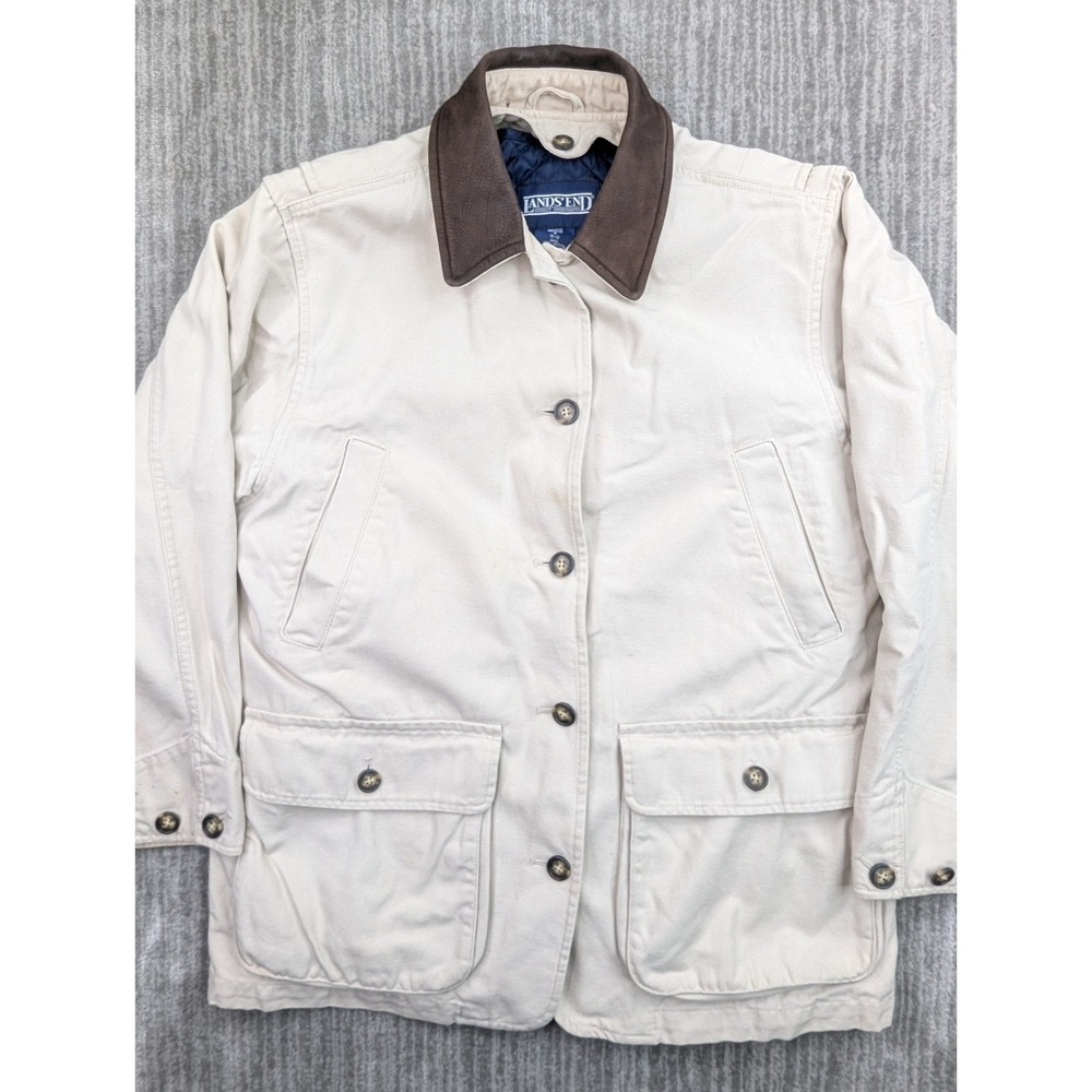 Lands End Womens Chore Jacket Field Barn Coat Leather Collar Lined Beige Medium